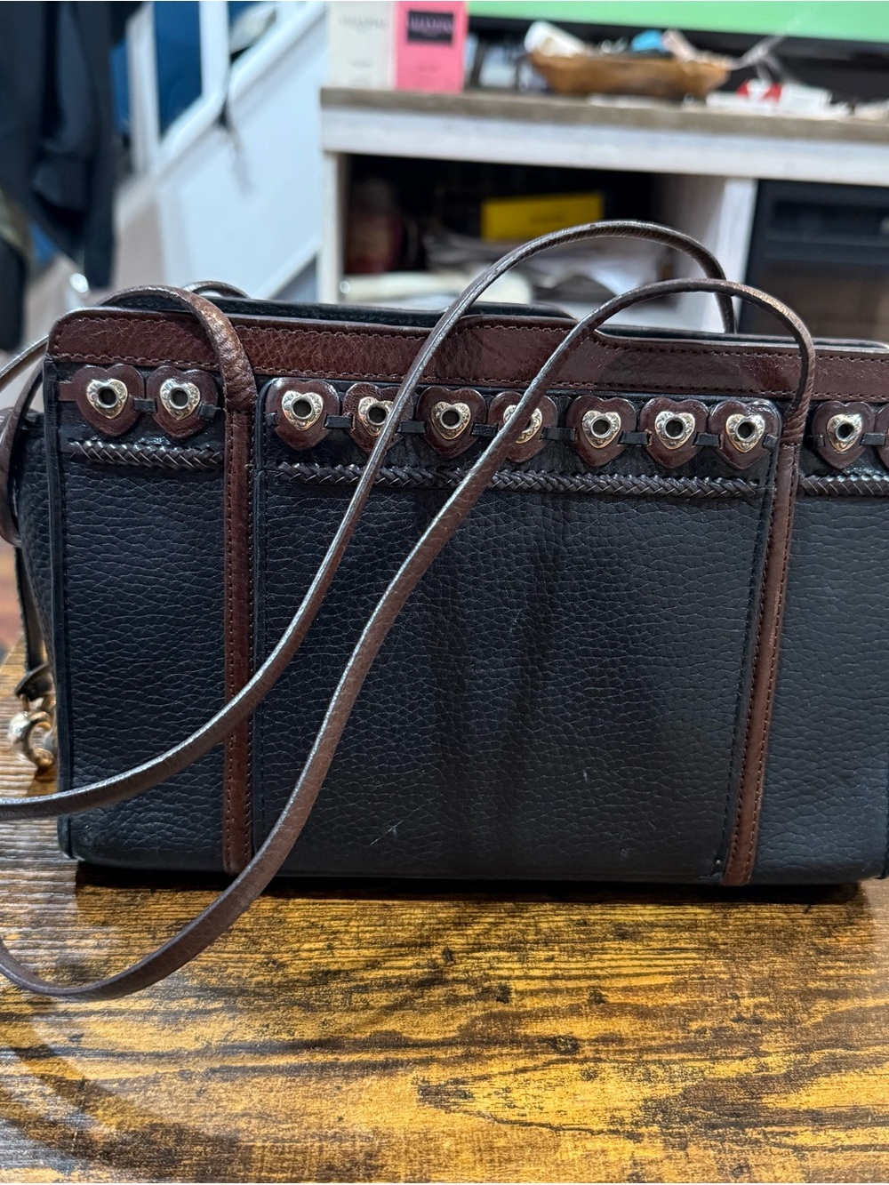 Vintage Brighton Nepal Organizer Crossbody Bag Black Brown Leather Heart Y2K